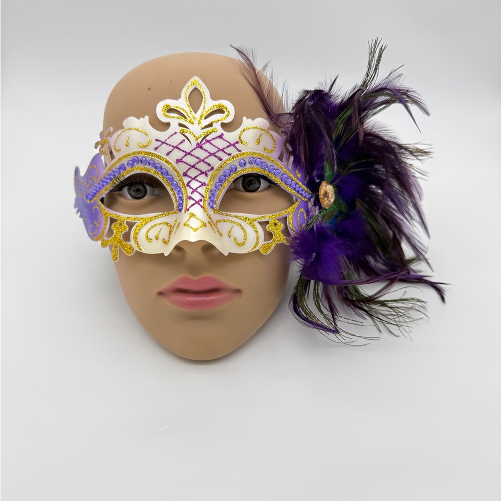 Womans Purple Gold Glitter Venetian Peacock Feather Mask Mardi Gras Masquerade